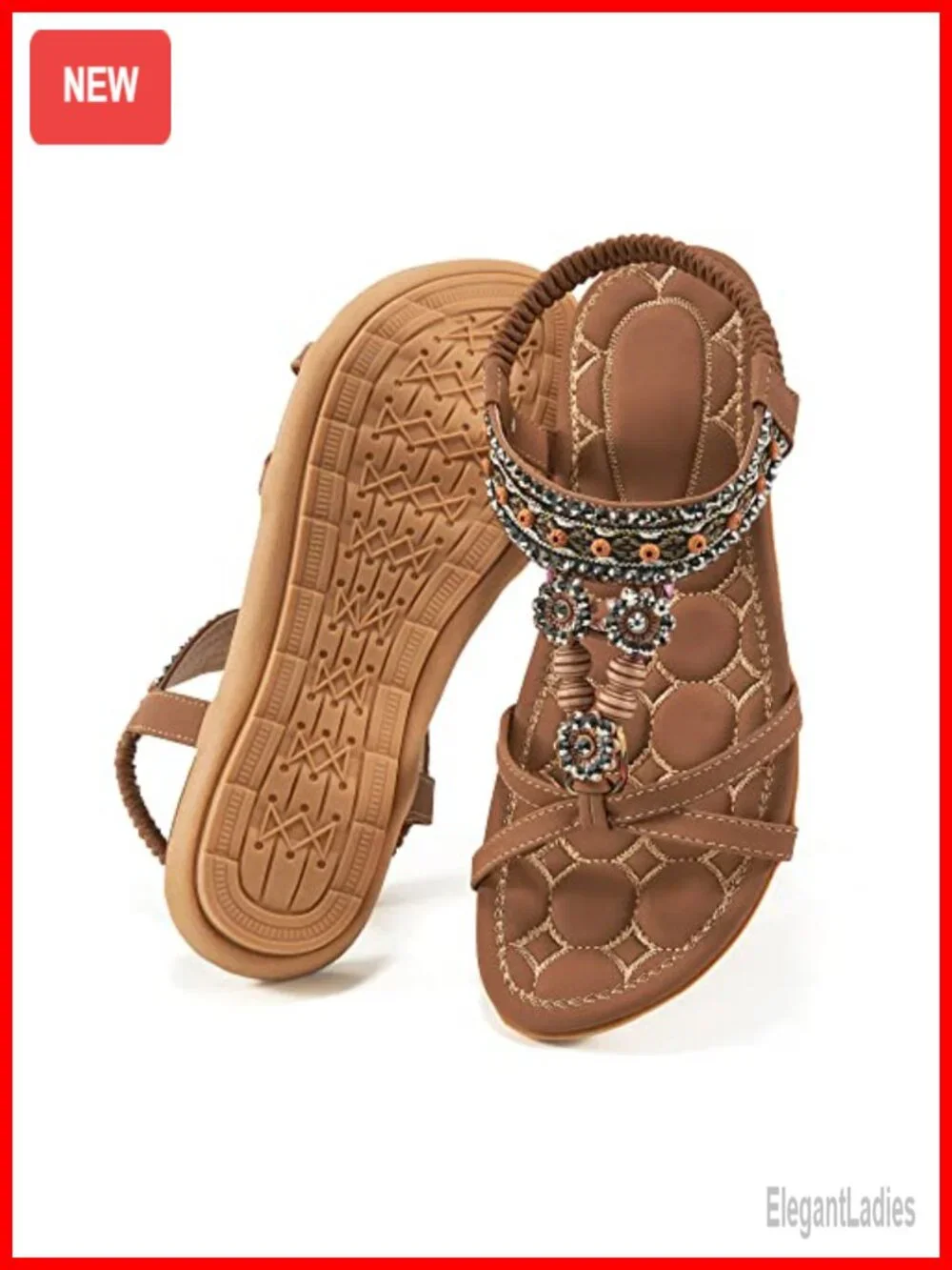 Bohemian Rhinestone Bead Flat Sandals with Elastic Ankle Strap
